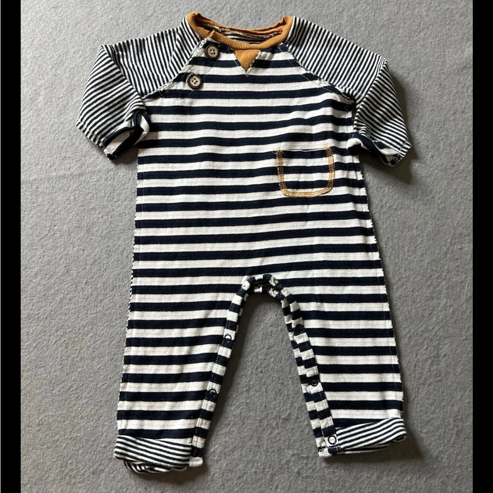 Mud Pie Jumpsuit Boys 6-9 Months Striped Boho Neutral Blue Brown Raw Hemlines